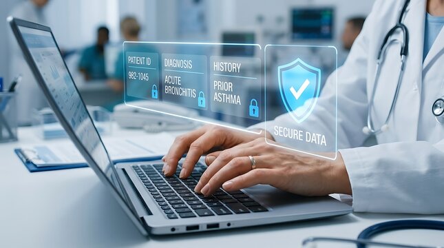 Doctor typing on laptop with secure medical data hologram, patient information displayed