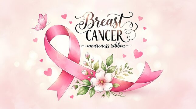 Beautiful watercolor illustration featuring a pink ribbon for breast cancer awareness month pink ribbon campaign with delicate flowers and elegant calligraphy on a soft background