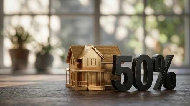 Miniature House Beside Large 50 Percent Symbol Representing Real Estate Discount and Mortgage Concept