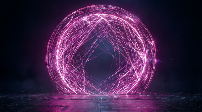 Portal energy gate glowing magenta beams forming a web like structure in a dark futuristic environment with copy space