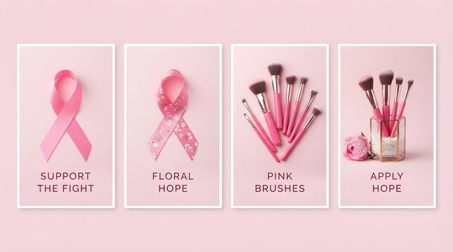 Four artistic panels featuring a breast cancer awareness month pink ribbon theme with makeup brushes and feminine beauty elements displayed on a soft pastel background