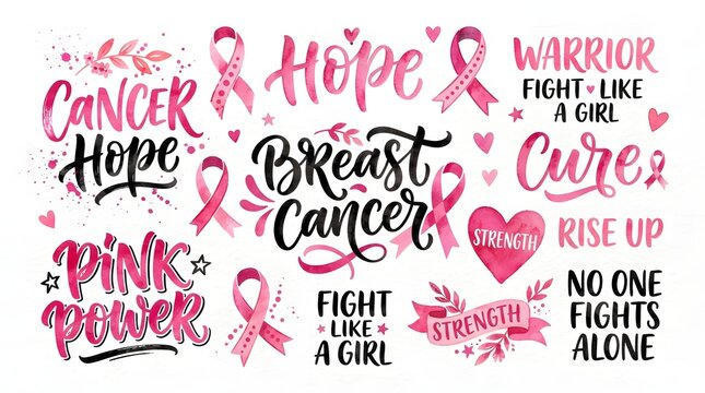 A collection of inspirational quotes and symbols for breast cancer awareness month pink ribbon design elements featuring watercolor style graphics for support and healing projects