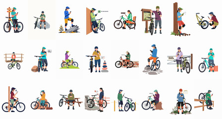 Naklejka premium Flat vector collection of various people with mountain bikes and smartphones in different outdoor scenarios, isolated on white background.
