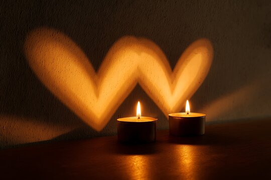 burning candles casting heart shadow