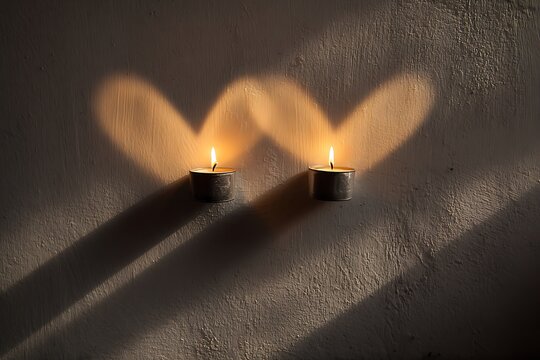 burning candles casting heart shadow