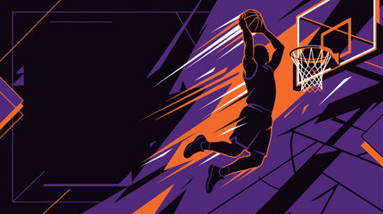 Silhouette of an athletic basketball player performing a slam dunk against a vibrant purple and orange abstract background with dynamic speed lines for a Banner Template © D Studio Stock