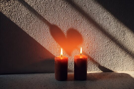burning candles casting heart shadow