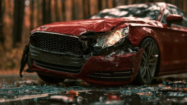 Close-up photograph of a crumpled car grille and shattered headlamp from a red sedan, with broken glass on wet asphalt, in front of an autumn forest, dramatic overcast lighting