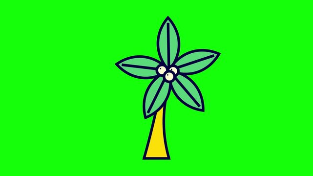 Minimalist cartoon palm tree illustration featuring a yellow trunk, green leaves, and three small white coconuts on a solid green background. Bold black outlines for tropical design.