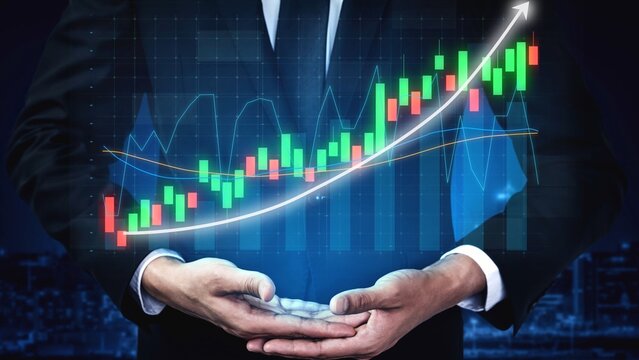 A businessman presents a virtual financial chart displaying a rising trend, symbolizing growth and success in investments and market strategies in the finance sector. Copula
