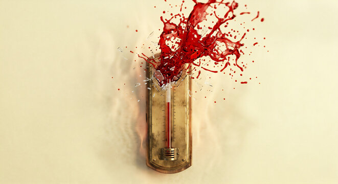 Exploding vintage thermometer with red liquid splashing representing extreme heat