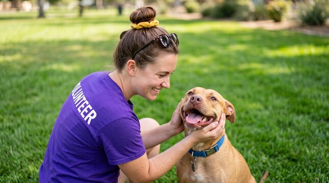 Smiling female volunteer petting an adorable golden pitbull dog outdoors on a sunny green grass lawn