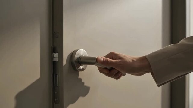 Close-up of a professional person's hand turning a metallic door handle to open a modern minimalist door