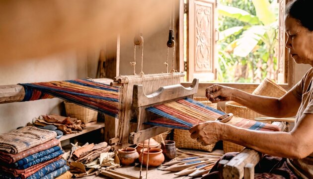 Southeast Asian textile artisan arranging natural threads on a traditional wooden weaving frame