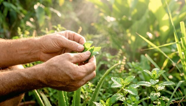 Person touching fresh aromatic herbs in a tropical garden during morning light