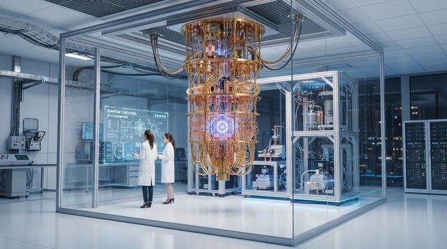 Two female scientists with quantum computer in lab