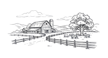 Fototapeta premium Rustic Farm Scene with Barn, Silo, and Grazing Livestock.