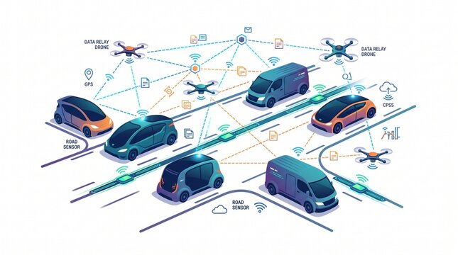 Autonomous Vehicles Exchanging Data 4K &ndash; Futuristic Smart Transportation Network with AI Communication, Connected Cars, Vehicle-to-Vehicle Data Sharing and Mobility Technology