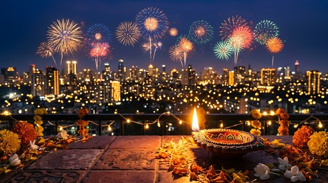 Diwali diya lamp with city fireworks background