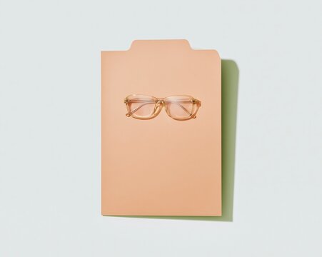 Worn card document folder with dog-eared edges and reading glasses, a clean mockup on a neutral background for household admin and design assets