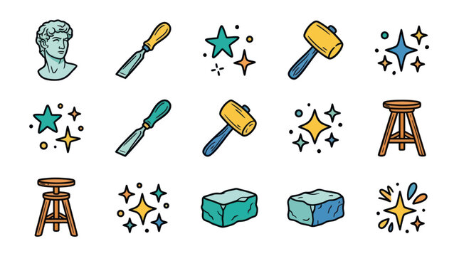 Sculpting tools and art elements doodle set with bust, chisels, mallets, and sparkling stars.