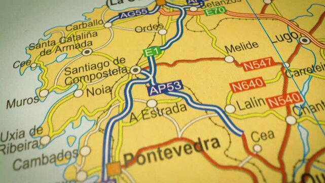 vigo to a coruna road network map, galicia, spain