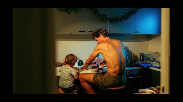 Man and young child cleaning a messy kitchen after holiday baking, featuring wet surfaces and deep shadows for domestic life and parenting