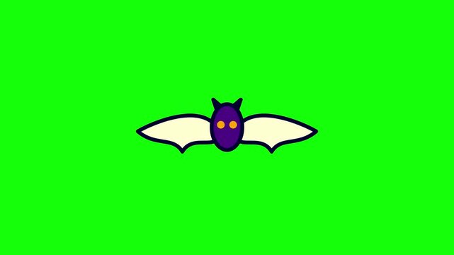 2D Cartoon Purple Bat Illustration with Yellow Eyes and White Wings Isolated on Green Screen Background for Video Editing and Halloween Digital Compositing Projects