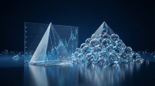 Futuristic glass pyramid charts and transparent bubble clusters arranged on a reflective dark navy surface