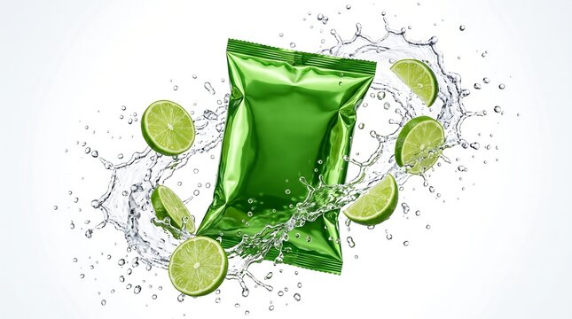 Shiny green snack food packaging pouch floating with fresh lime slices and clear water splashes on a clean white background, studio shot
