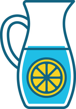 Glass pitcher filled with blue liquid and lemon slice vector icon. Ideal flat graphic for lemonade stands, summer drinks, cafes, beverage menus, catering services, recipes, and web UI layout design.