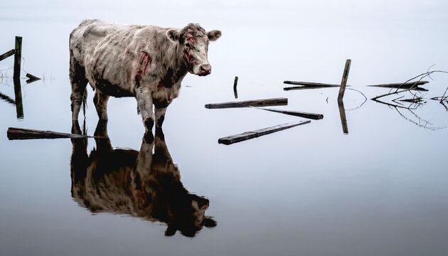 Injured dark white cow with wood scratches reflecting in still flood water across rural field