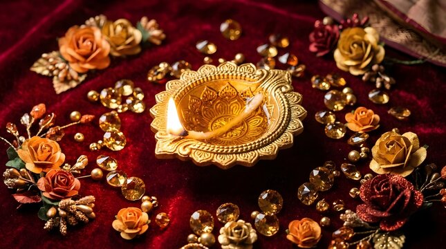 Lit golden diya with flowers and crystals