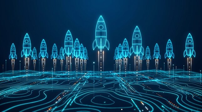 Abstract Digital Wireframe Rockets Launching from Cyber Grid Background