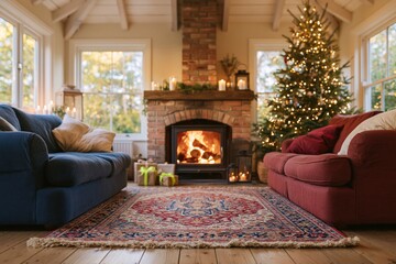 Naklejka premium Cozy family room with a burning brick fireplace and decorated Christmas tree, featuring soft sofas and warm ambient lighting for holiday celebrations