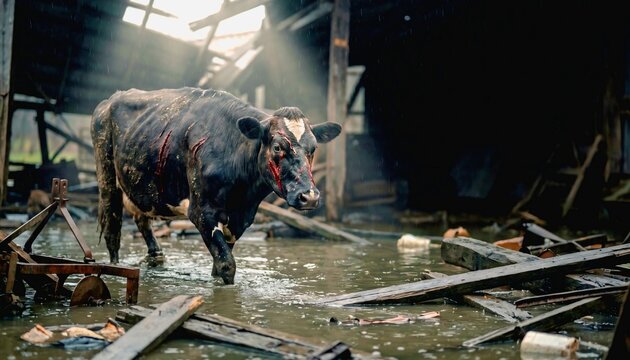 Dark white cow with bleeding wood scratches standing among flooded wooden barn ruins