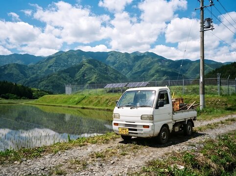 Small White Delivery Kei Truck Parked Near Rural Mountain Field