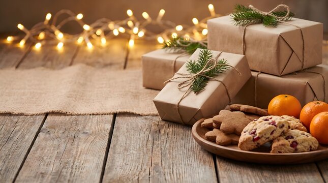 Wrapped Christmas gifts, cookies and mandarins on wooden plate, and fairy lights on rustic wooden table