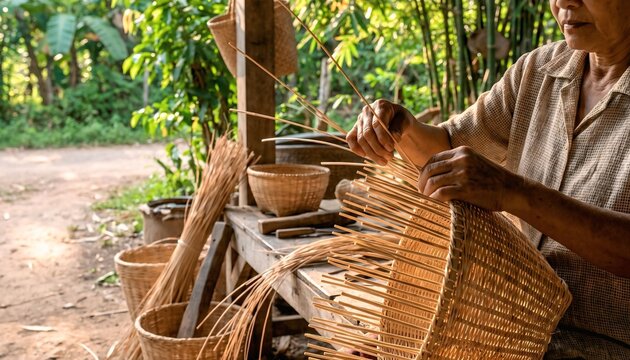 Craftswoman weaving natural rattan strips into a traditional basket in a tropical workshop