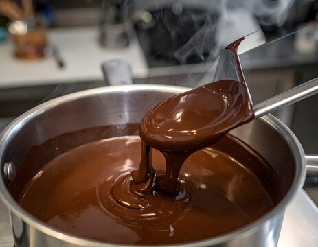 Luxurious melted chocolate cascading from a ladle into a steaming pot during preparation