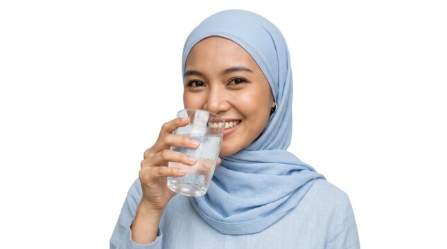 Happy Muslim woman in hijab drinking water from a glass, promoting hydration and healthy lifestyle.