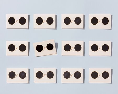 Solar eclipse glasses arranged in a repeating grid on a pale blue background, featuring matte card textures and one misaligned frame for a mockup template
