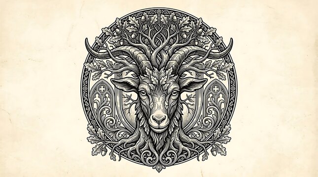 Vintage Mythological Goat Head Engraving with Ornate Oak Leaves