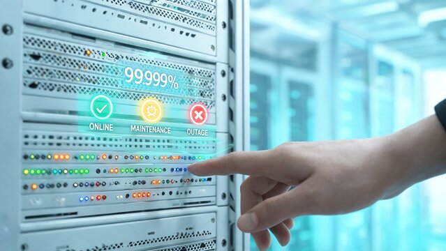 Macro Close Up of Server Rack Front Panel With SLA Uptime Monitoring Holographic UI