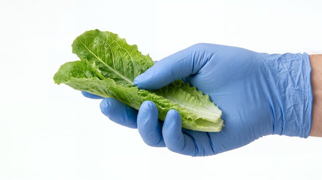 Blue gloved hand holding fresh lettuce, representing food safety, agricultural research, laboratory testing, food quality control and contamination prevention.