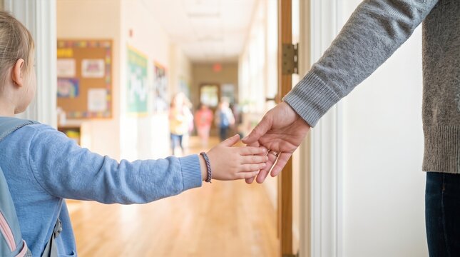 Child holding adult's hand while entering a school hallway, with colorful bulletin boards and students visible in the background, marking the first day of school