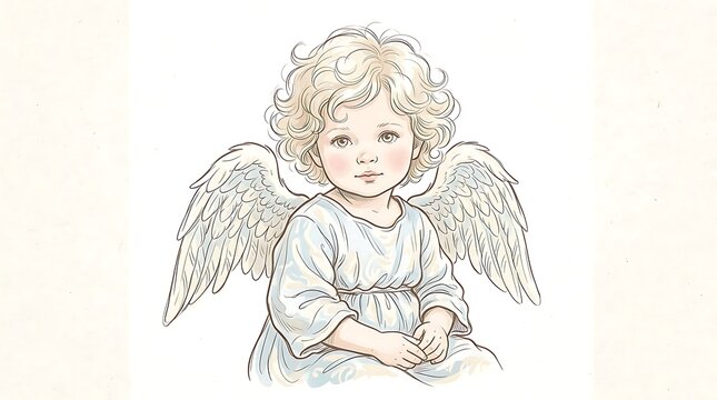 Sweet Little Baby Angel with Wings Hand Drawn Illustration