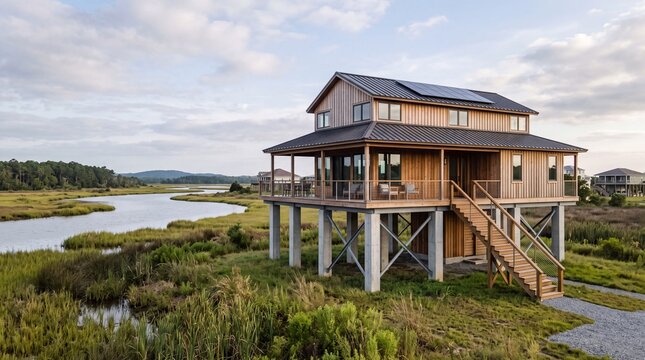 A modern stilted house overlooking a serene marshland landscape.