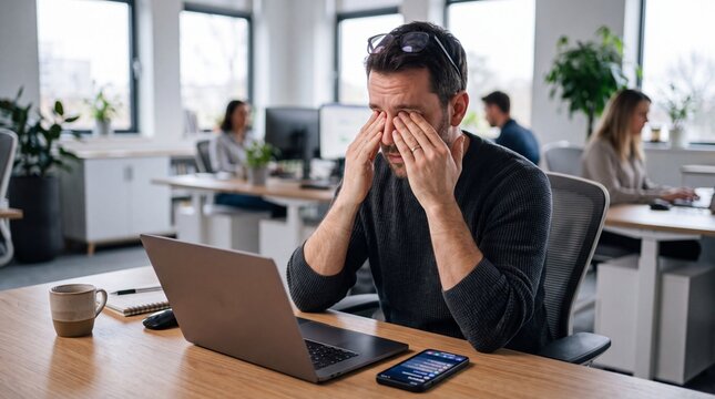 An exhausted man rubs his tired eyes while working at his desk.