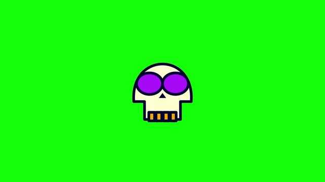 Minimalist cartoon skull illustration with large purple eyes and orange teeth, centered on a solid green background, bold black outlines, 2D vector style graphic for icons.